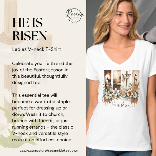 Easter Brushstroke 'He Is Risen' V-Neck T-Shirt Tシャツ