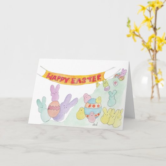 Easter Bunnies and Chicks on a Hill カード (黄色い花)