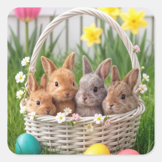 Easter Bunnies in a Wicker Basket スクエアシール (正面)