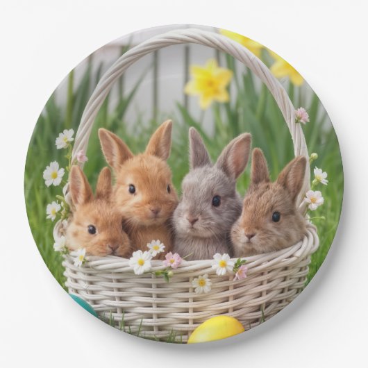 Easter Bunnies in a Wicker Basket ペーパープレート (正面)