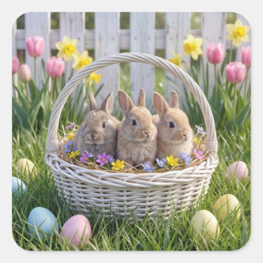 Easter Bunnies In a Wicker Basket on Grass スクエアシール (正面)
