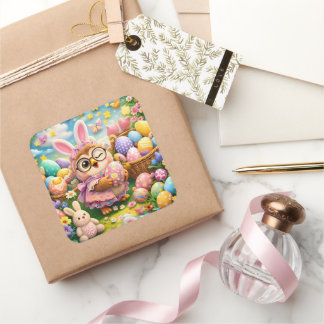 Easter bunny and colourful eggs whimsical sticker  スクエアシール