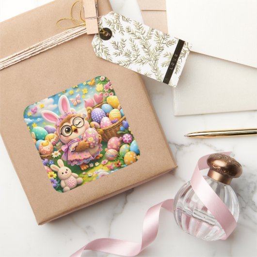 Easter bunny and colourful eggs whimsical sticker  スクエアシール (ギフト)
