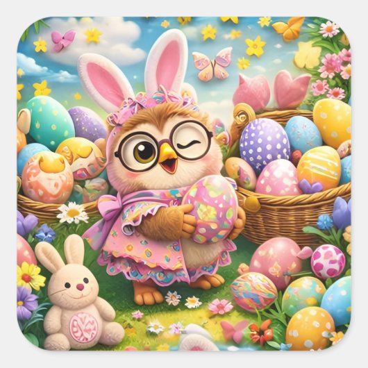 Easter bunny and colourful eggs whimsical sticker  スクエアシール (正面)