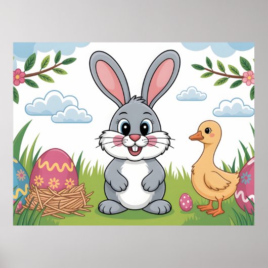 Easter Bunny and Duckling in Spring Meadow ポスター (正面)