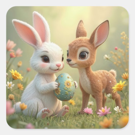 Easter Bunny and Fawn In Wildflowers スクエアシール (正面)
