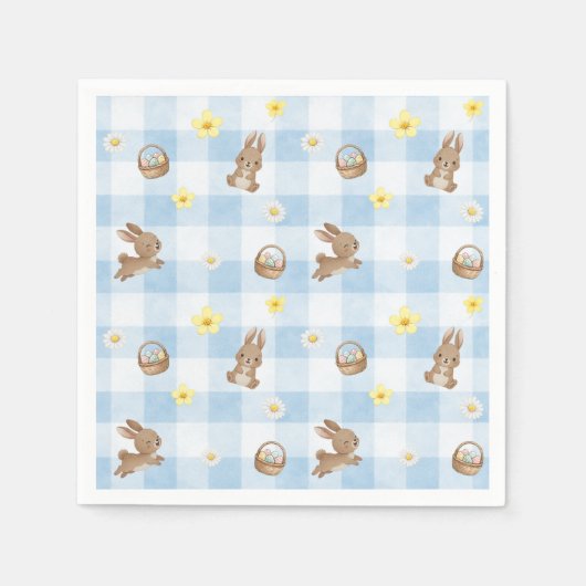 Easter Bunny Blue Gingham スタンダードカクテルナプキン (正面)