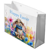 Easter Bunny blue scarf Happy Easter ラージペーパーバッグ (正面アングル)