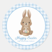 Easter Bunny Blue Watercolor Gingham ラウンドシール (正面)
