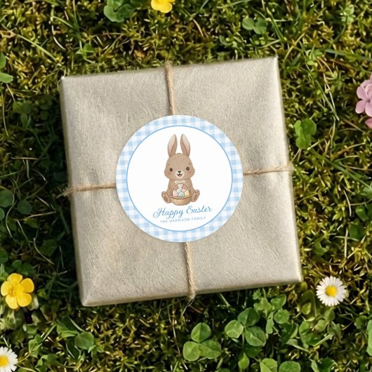 Easter Bunny Blue Watercolor Gingham ラウンドシール
