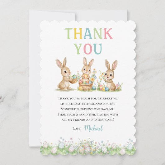Easter Bunny Boy First Birthday Thank You Card サンキューカード (正面)