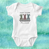 Easter Bunny Checkerboard Pink Green Teal Monogram ベビーボディスーツ