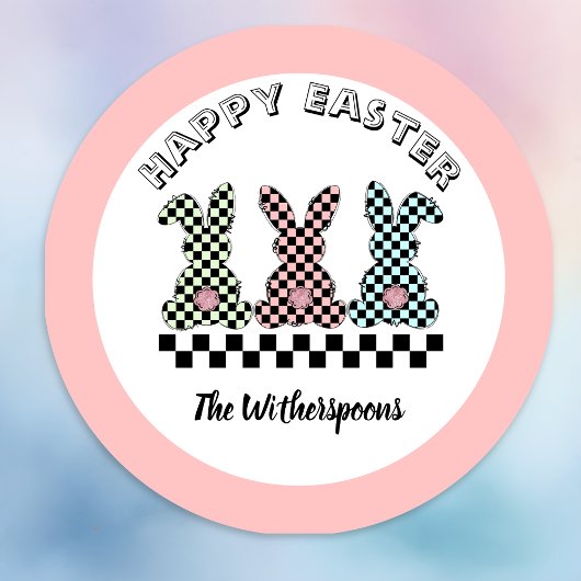 Easter Bunny Checkerboard Pink Green Teal Monogram ラウンドシール