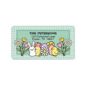 Easter Bunny Chick Eggs Flowers Green Gingham ラベル (正面)