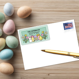 Easter Bunny Chick Eggs Flowers Green Gingham ラベル