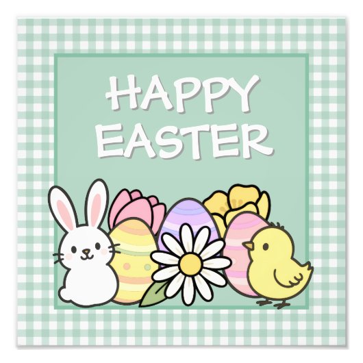 Easter Bunny Chick Eggs Green Gingham フォトプリント (正面)
