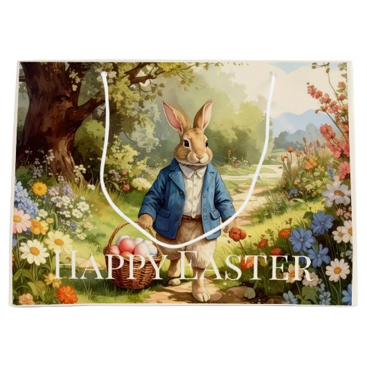 Easter Bunny Collecting Easter Eggs ラージペーパーバッグ (正面)