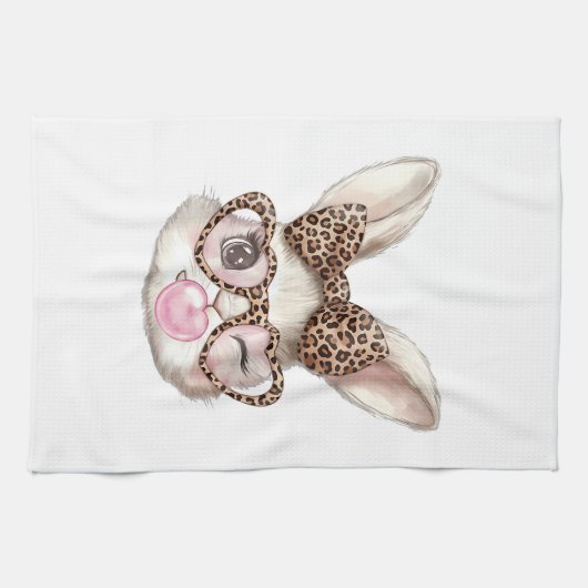Easter Bunny Cute Glasses Leopard Bunny Rabbit Eas キッチンタオル (横)