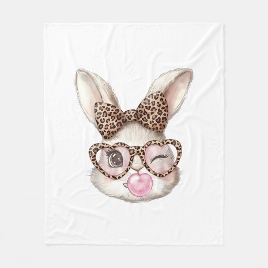Easter Bunny Cute Glasses Leopard Bunny Rabbit Eas フリースブランケット (正面)