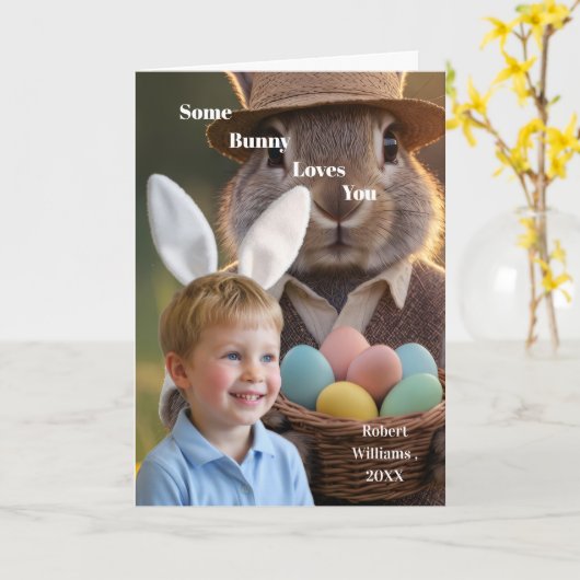 Easter Bunny Ears Boy Photo Customize  カード (黄色い花)