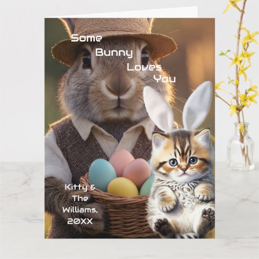 Easter Bunny Ears Cat Photo Customize  カード (黄色い花)