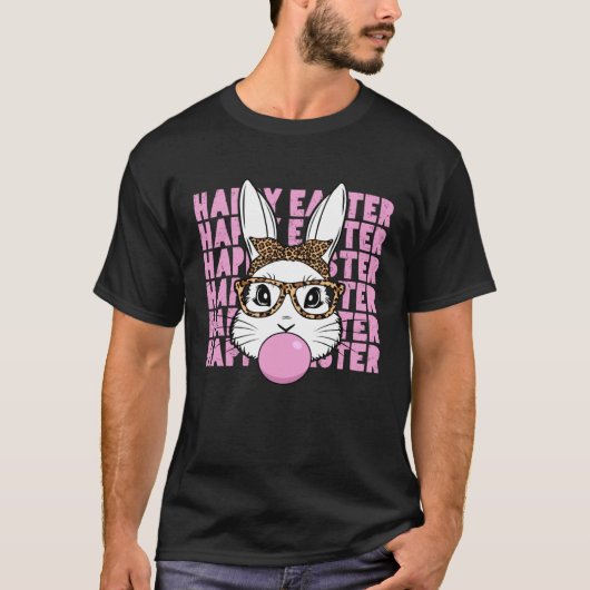 Easter Bunny Face Glasses Leopard Happy Easter Day Tシャツ (正面)