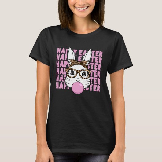Easter Bunny Face Glasses Leopard Happy Easter Day Tシャツ (正面)