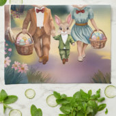 Easter Bunny Family Hunting for Eggs - Watercolor キッチンタオル (折り畳み)