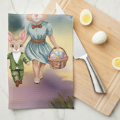 Easter Bunny Family Hunting for Eggs - Watercolor キッチンタオル (四つ折り)