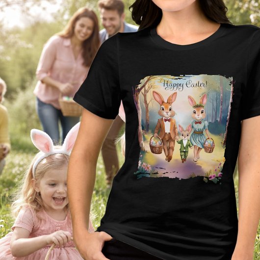 Easter Bunny Family Hunting for Eggs - Watercolor トライブレンドＴシャツ