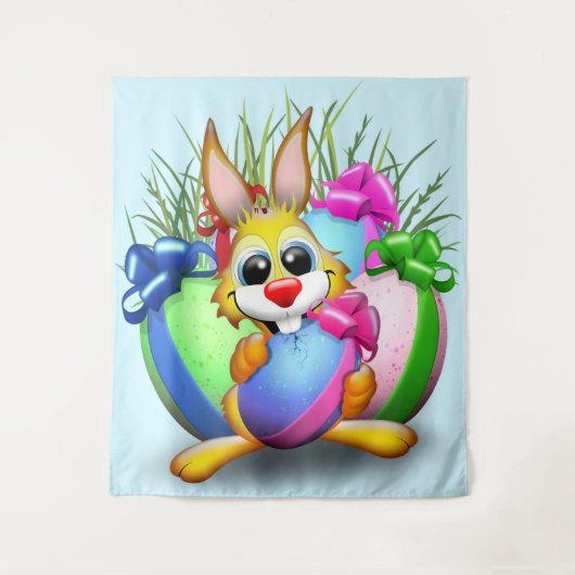 Easter Bunny Funny and Cute Character Biting an Eg タペストリー (正面)