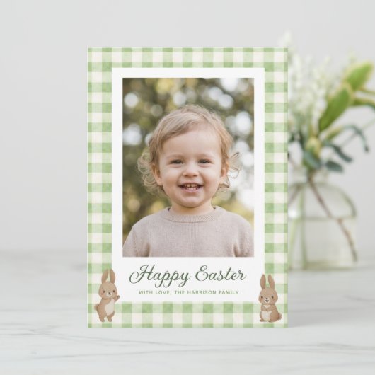 Easter Bunny Green Gingham Photo シーズンカード (スタンド正面)