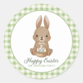 Easter Bunny Green Watercolor Gingham ラウンドシール (正面)