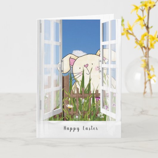 Easter bunny in window カード (黄色い花)