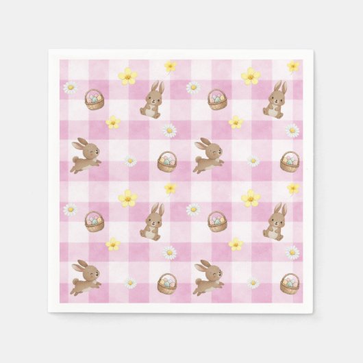 Easter Bunny Pink Gingham スタンダードカクテルナプキン (正面)