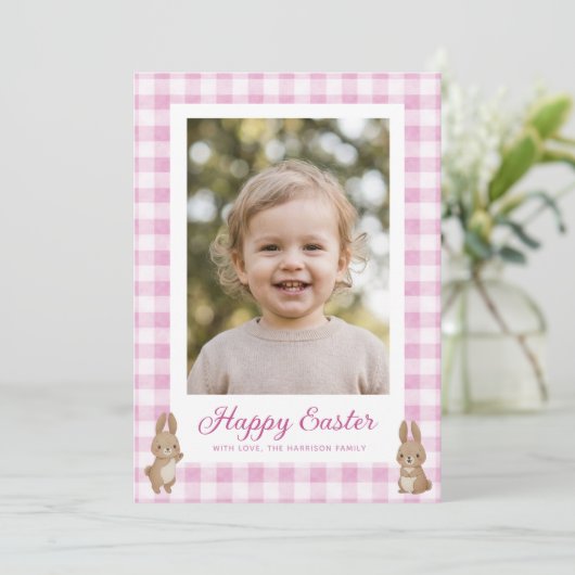 Easter Bunny Pink Gingham Photo シーズンカード (スタンド正面)