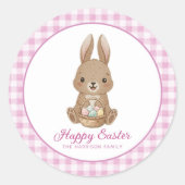 Easter Bunny Pink Watercolor Gingham ラウンドシール (正面)