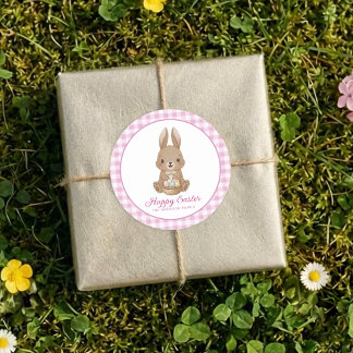 Easter Bunny Pink Watercolor Gingham ラウンドシール