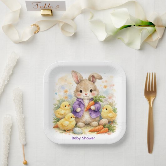 Easter Bunny Purple Jacket Baby Shower ペーパープレート (ウェディング)