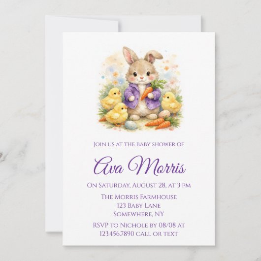 Easter Bunny Purple Jacket Baby Shower 招待状 (正面)