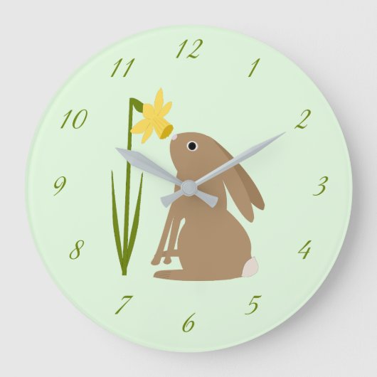 Easter Bunny Rabbit and Daffodil flower ラージ壁時計 (正面)
