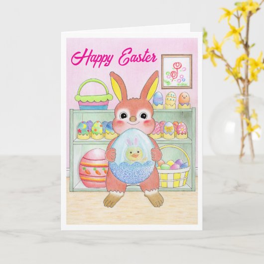 Easter Bunny Rabbit Eggs Kids Folded Card カード (黄色い花)