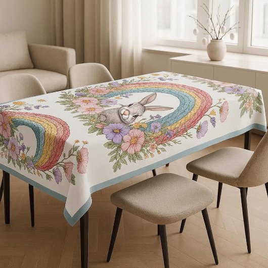 Easter Bunny Rainbow Art Spring Wildflowers Meadow テーブルクロス