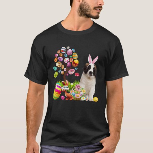 Easter Bunny Saint Bernard Dog Ear Tree Egg Basket Tシャツ (正面)