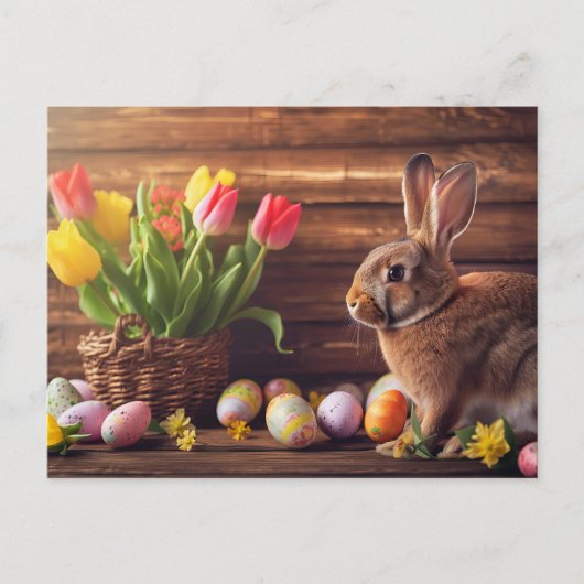 Easter bunny seated beside colorful eggs and tulip ポストカード (正面)