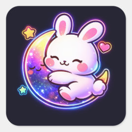 Easter Bunny Sleeping on Galaxy Moon Neon Sticker スクエアシール