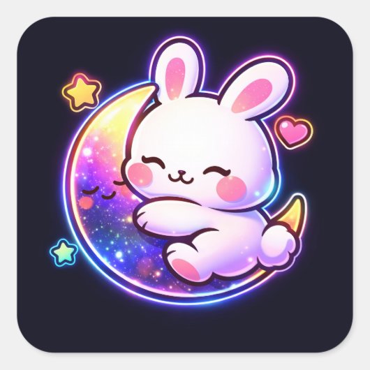 Easter Bunny Sleeping on Galaxy Moon Neon Sticker スクエアシール (正面)