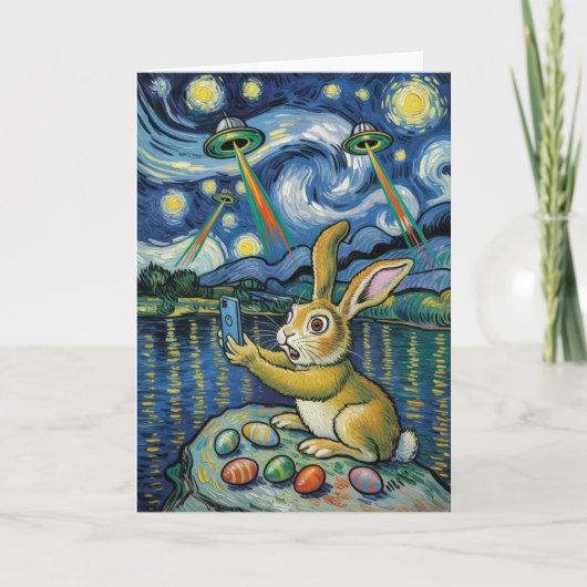 Easter Bunny UFO Selfie Starry Night Card カード (正面)