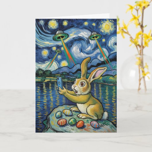 Easter Bunny UFO Selfie Starry Night Card カード (黄色い花)