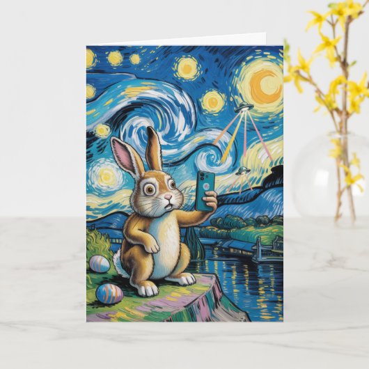 Easter Bunny UFO Selfie Starry Night Card カード (黄色い花)